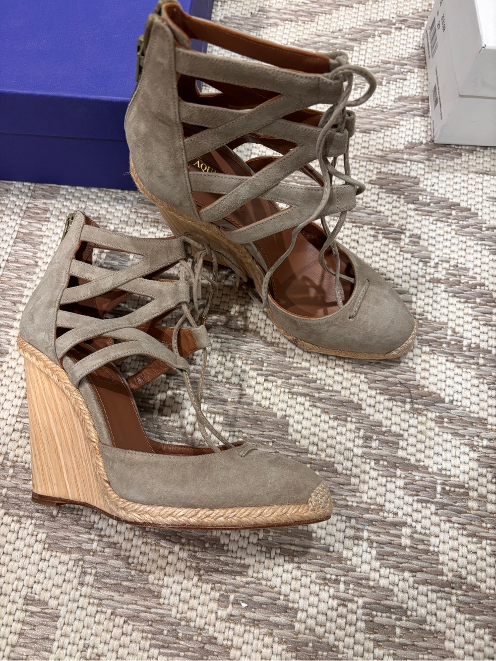 Aquazzura Taupe Suede Lace-Up Espadrille Wedges